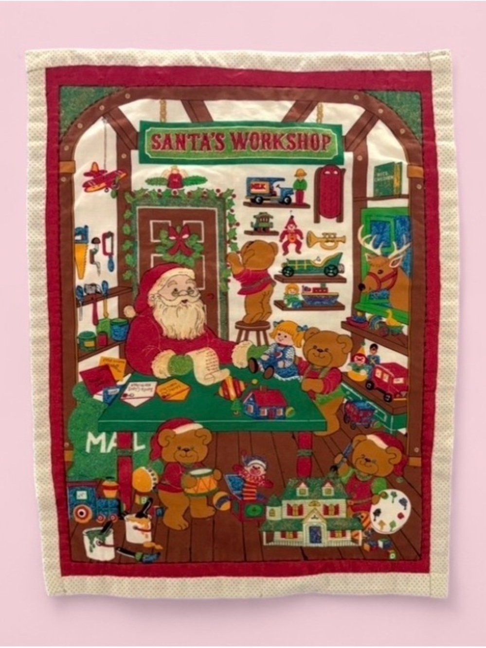 Vintage Santa’s Workshop Teddy Bears Quilted Christmas Wall Hanging Décor